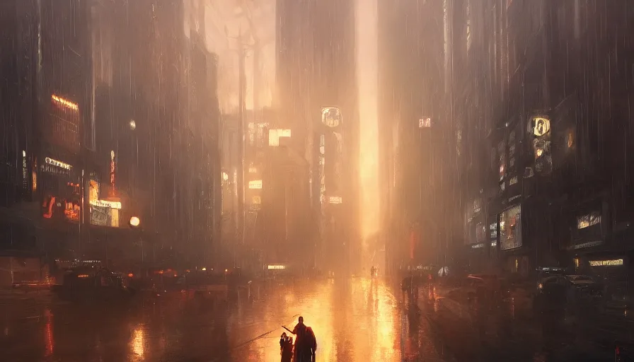 Image similar to blade runner dieselpunk, cinematic shot, oil painting by jama jurabaev, extremely detailed, brush hard, artstation, for aaa game, high quality, brush stroke