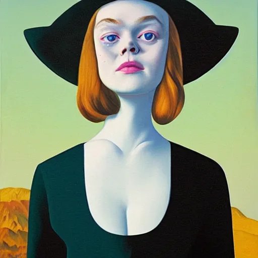 Prompt: portrait of Elle Fanning by René Magritte in the style of Fallout 3