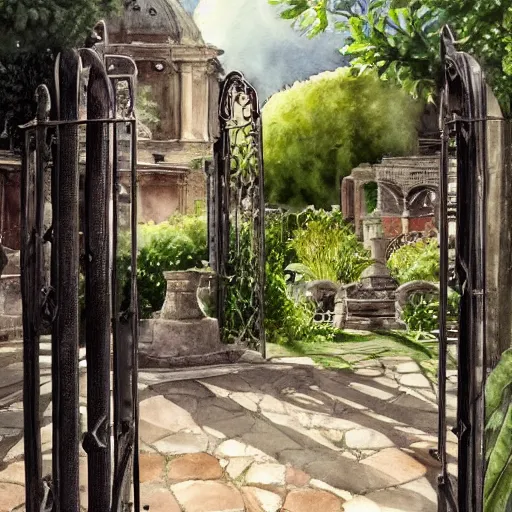 Prompt: delicate, garden, paved, botanic watercolors, iridescent, 8 k, realistic shaded, fine details, artstation, italian, chairs, iron gate, oak tree, pompeii