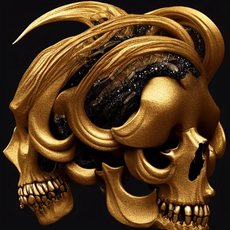 Image similar to black background. goddess princess face close-up portrait ram skull. sculpture made of gold and black charcoal. jellyfish phoenix head, nautilus, orchid, skull, betta fish, bioluminiscent creatures, intricate artwork by Tooth Wu and wlop and beeple. octane render, trending on artstation, greg rutkowski very coherent symmetrical artwork. cinematic, hyper realism, high detail, octane render, 8k