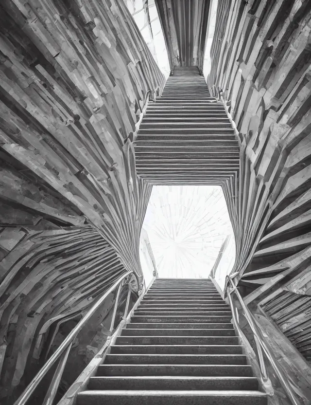 Image similar to looking down a staircase in the style of gothic brutalist architecture hyper detailed photorealistic hd 8 k post - processing high resolution