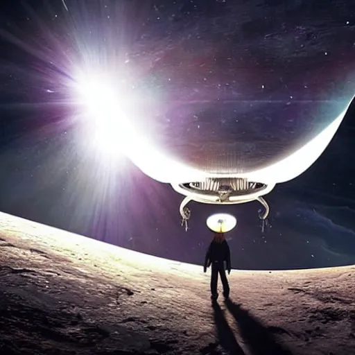 Image similar to image of a flying saucer ufo between the moon and the sun and a thousand stars ultra realistic, concept art, intricate details, serious, highly detailed, photorealistic, octane render, 8 k, unreal engine, art by todd mcfarlane and artgerm and greg rutkowski and alphonse mucha