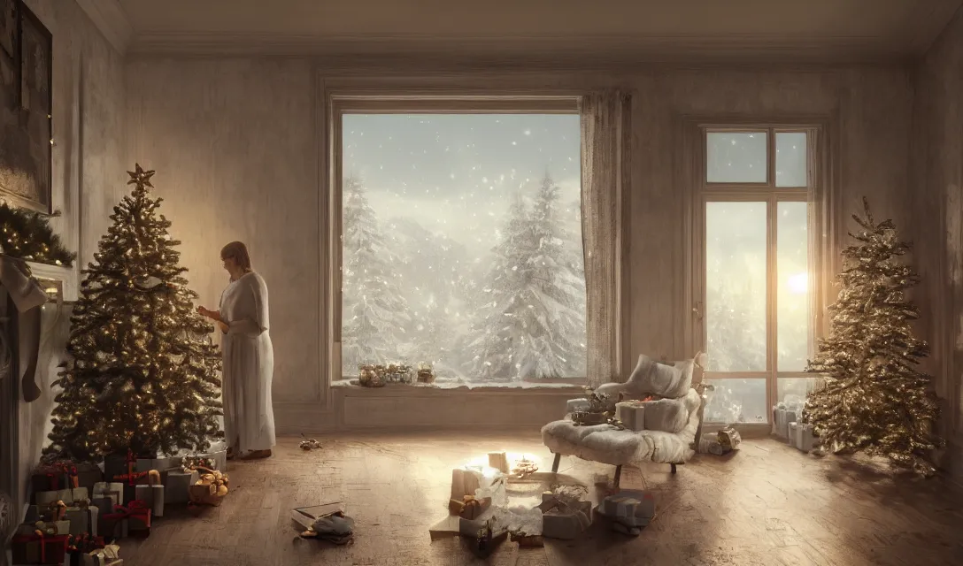 Image similar to a christmas eve in a beautiful home, photorealistic landscape painting on the wall, ascher clemens, home, interior, octane render, deviantart, greg rutkowski, cinematic, key art, hyperrealism, canon eos c 3 0 0, ƒ 1. 8, 3 5 mm, 8 k, medium - format print