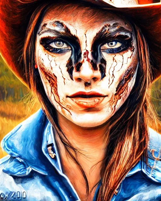 Image similar to acrylic portrait of scarred cowgirl with with burning glowing eyes, high production value, intricate details, high resolution, hdr, high definition, masterpiece, realistic, ultrarealistic, highly detailed, hd, sharp focus, non blurry, sharp, smooth