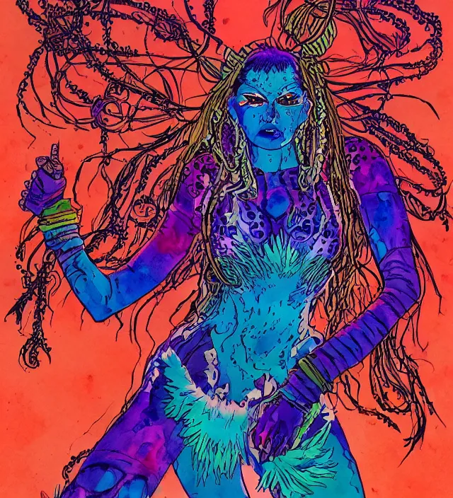 Prompt: a watercolor ink painting of female aztecian punk / raver using her mutant electrical powers in the style of jean giraud in the style of moebius trending on artstation deviantart pinterest detailed realistic hd 8 k high resolution