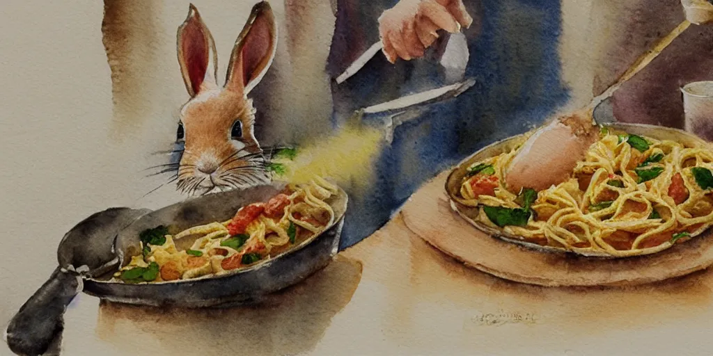 Prompt: a rabbit cooking pasta in a french restaurant, realistic watercolour