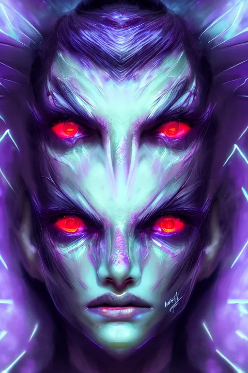 Image similar to hyper detailed ultra sharp of a beautiful face girl azazello is one of the demonic and mystical characters in the work, a negative character in biblical stories, a fallen angel who opposed the will of god. various reference for artists, facial expressions, trending on artstation, neon colors, digital art, cinematic lighting, art by god, 8 k