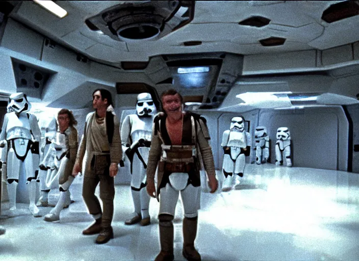 Prompt: screenshot from the iconic scene from the lost star wars 1980s film directed by Stanley Kubrick, cinematic lighting, unsettling set design with extreme detail, moody cinematography, with anamorphic lenses, crisp, detailed, 4k image