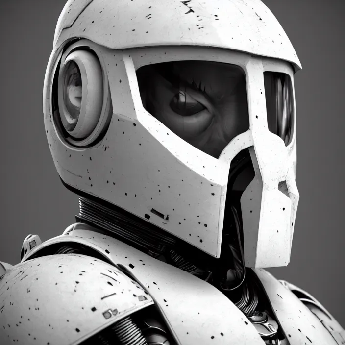 Image similar to a portrait of a character in an spaceship by nihei tsutomu, front facing the camera, black and white, modern clean white armor, highly detailed, 3 d render, vray, octane, realistic lighting