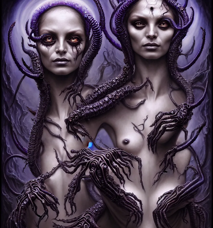 Image similar to A beautiful detailed alien goddess woman with 6 arms super dark tarot card, gorgeous model face by Stanley Artgerm, by tomasz alen kopera and Justin Gerard, 4 eyes, beautiful symmetrical features, ominous, magical realism, melting, texture, intricate, ornate, royally decorated, melting, whirling smoke, embers, purple adornments, blue torn fabric, radiant colors, fantasy, trending on artstation, volumetric lighting, micro details, 3d sculpture, ray tracing, 8k, anaglyph effect