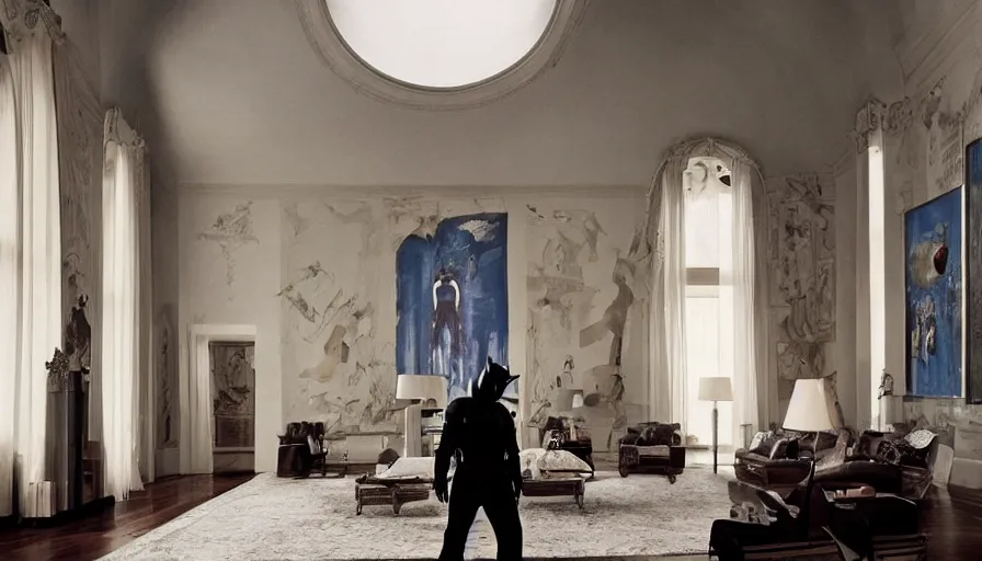 Image similar to Batman standing in giant Italian modern castle living room, clean minimalist design, that is 1300 feet tall, with very tall giant walls filled with modern art paintings, doors that are cosmic portals, photo by Annie Leibovitz