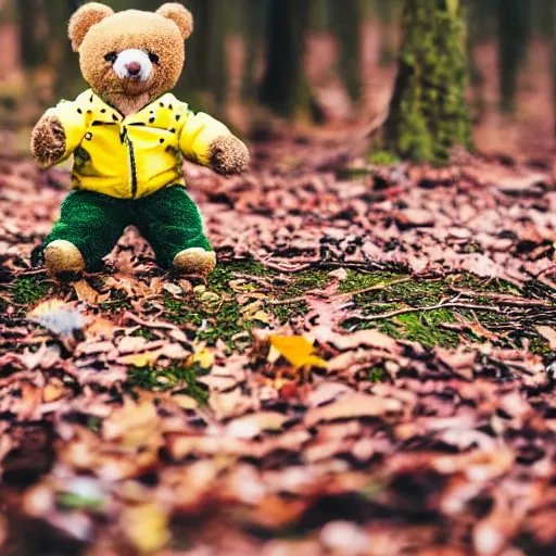 Image similar to a photo of a cute and happy teddy bear toy, with green pants and yellow jacket, toy clothes, enjoying a stroll in the forest, telephoto, 5d mk2