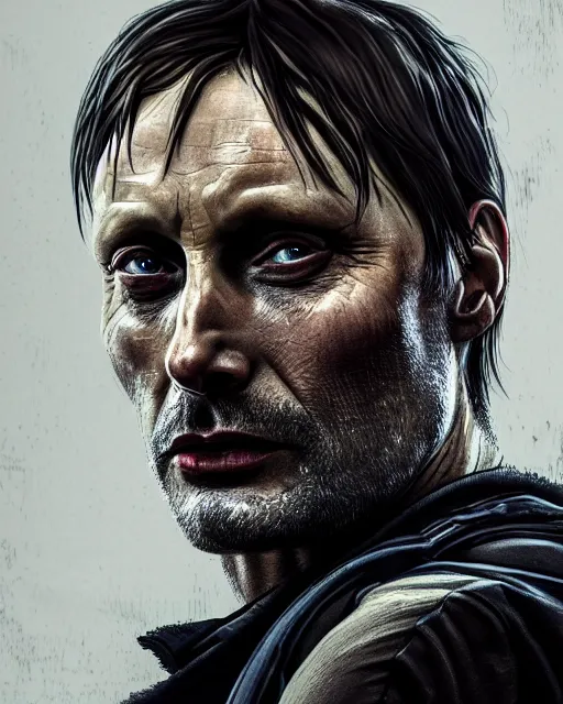 Prompt: mads mikkelson as clifford unger from death stranding wearing modern military fatigues, wielding assault rifle, weeping tears of black oil, tired expression, mysterious eerie portrait, cinematic lighting, black background, digital painting photoshop, ultra detailed hdr 8 k