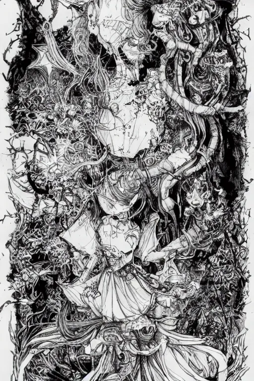 Image similar to Angry Alice in wonderland tarot card , pen and ink, intricate line drawings, by Yoshitaka Amano, Ruan Jia, Kentaro Miura, Artgerm, watercolor