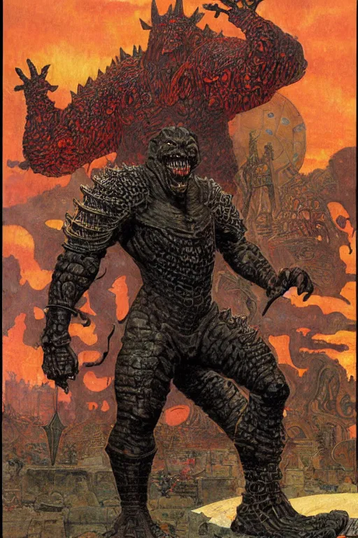 Prompt: full body portrait of mark henry as huge demonic armoured radioactive demon king, simple background, painted by jack kirby, lawrence alma tadema, norman rockwell, greg staples, wayne barlow, jacob collins, tom lovell, frank schoonover, neville page