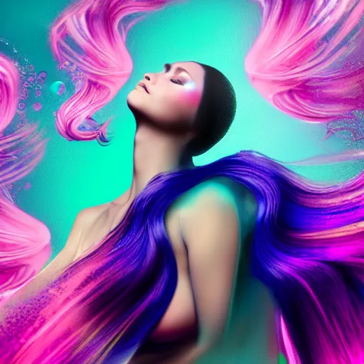 Image similar to a award winning half body portrait of a beautiful woman in a croptop with a ombre purple pink teal hairstyle with head in motion and hair flying, water bubbles, outrun, vaporware, vivid colors, highly detailed, fine detail, intricate