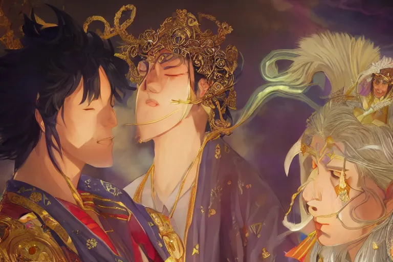 Image similar to close up moment of a divine a japan sun god and a moon goddess lovers magician at a wedding banquet, highly detailed, d & d, fantasy, 4 k realistic, digital painting, trending on artstation, concept art, sharp focus, illustration, art by makoto shinkai and akihiko yoshida and daniel gerhartz