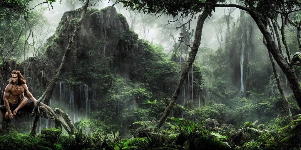 Prompt: Tarzan\'s lost temple, cinematic lighting, wide angle landscape photography, hyperrealistic, 8k