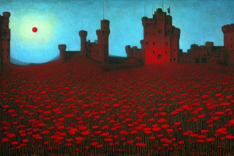 Image similar to only with red, red flowers of different types, a red tiger, a castle in the background, medieval demons dance over the flowers, an ancient path, in the style of beksinski, part by hopper, part by rodcenko, part by hofbauer, intricate composition, red by caravaggio, insanely quality, highly detailed, masterpiece, red light, artstation