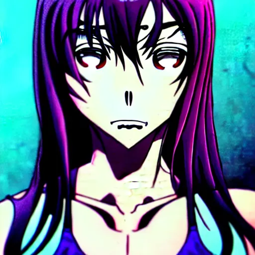 Image similar to style of madhouse studio anime, black lagoon manga, loish, artgerm, comic art, portrait of revy from black lagoon, symmetrical eyes and symmetrical face, jean shorts, white tank top, purple hair, sarcastic evil smirk on face, sky and ocean background