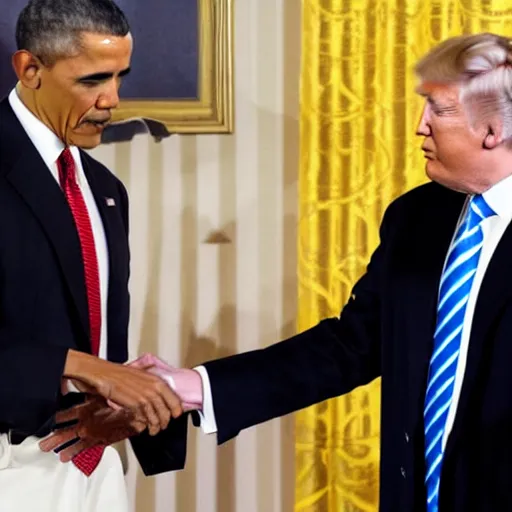 Prompt: barack obama and donald trump shaking hands at a party in the white house, photo