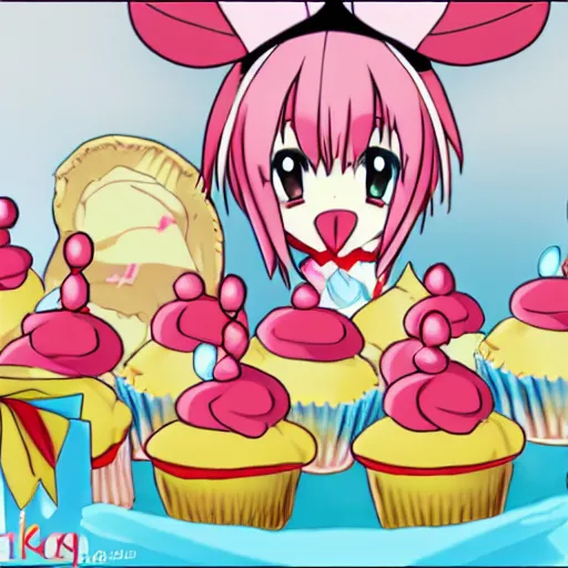 Prompt: flandre eating cupcakes. anime style.