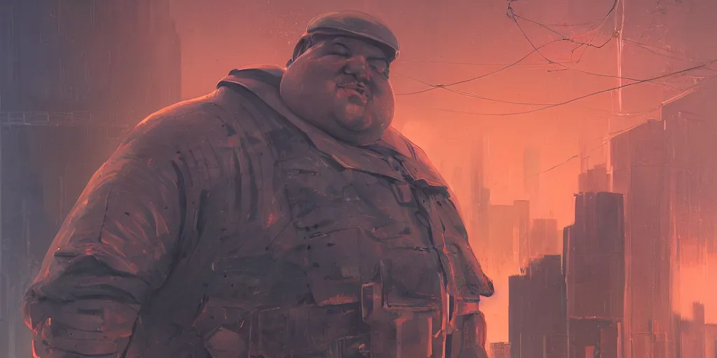 Prompt: portrait of a fat man sci fi soldier ranger, brutalist city architecture, orange dark epic, emissive lights and cables and wires, high details, ceremonial clouds, dripping paint, fibonacci rhythm, artstation, art germ, wlop, pablo dominguez, sabbas apterus, award - winning, artstation