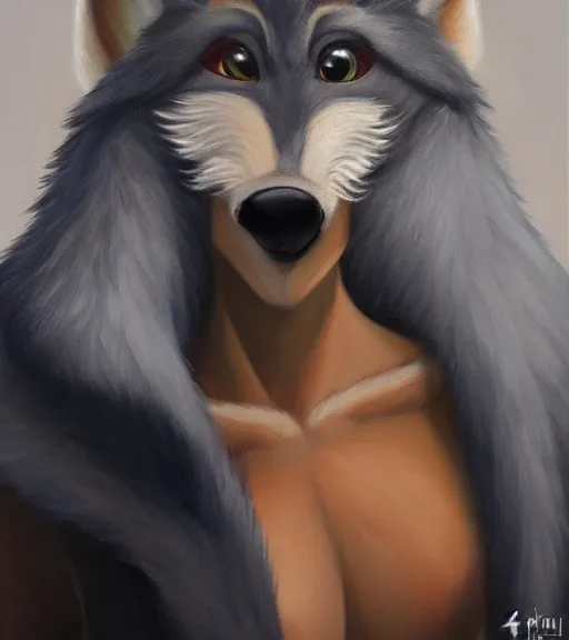 Image similar to full figure oil painting of anthromorphic furry female wolf, in style of zootopia, female fursona, furry, furaffinity, 4 k, deviantart, furry art, fursona art, wearing black business suit, business suit, wolf fursona, expressive feminine face, female,