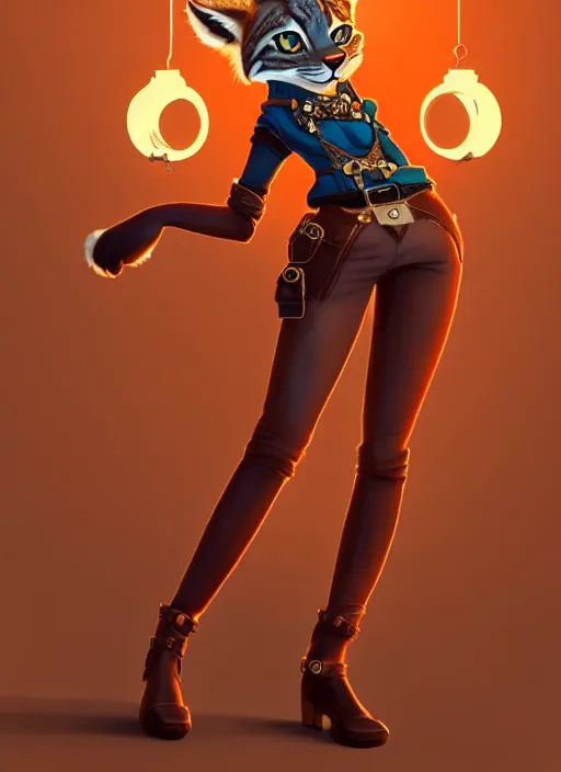 Image similar to wide angle beautiful full body portrait of a dancing female anthropomorphic anthro lynx fursona wearing steampunk leather pants and no boots, paw pads instead of feet and arms, character design by alena aenami, disney, anime, manga, artgerm, furaffinity, detailed, soft lighting,