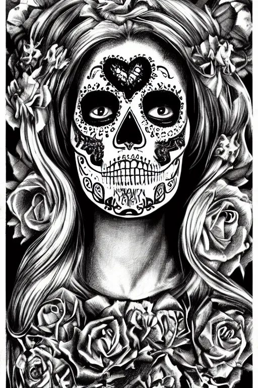 Prompt: Illustration of a sugar skull day of the dead girl, art by H R Giger