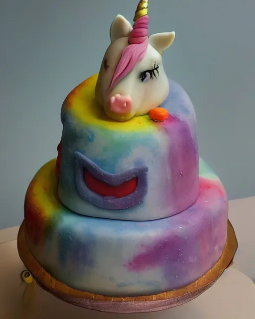 Image similar to photo of a childrens birthday cake unicorn designed by beksinski, bokeh