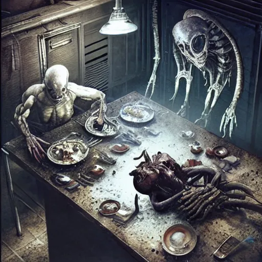 Prompt: two men eating dinner in an old kitchen with a dead alien autopsy happening on the table by hr giger, greg rutkowski, luis royo and wayne barlowe as a diablo, resident evil, dark souls, bloodborne monster : : hyper realistic, ultrarealistic, realism, photoreal, 8 k : :