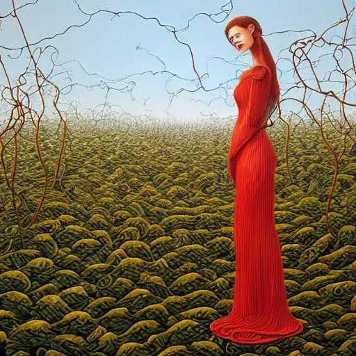 Image similar to a woman standing on a pile of vines and roses by jacek yerka, alex gray, zdzisław beksiński, dariusz zawadzki, jeffrey smith and h.r. giger, oil on canvas, 8k highly professionally detailed, trending on artstation