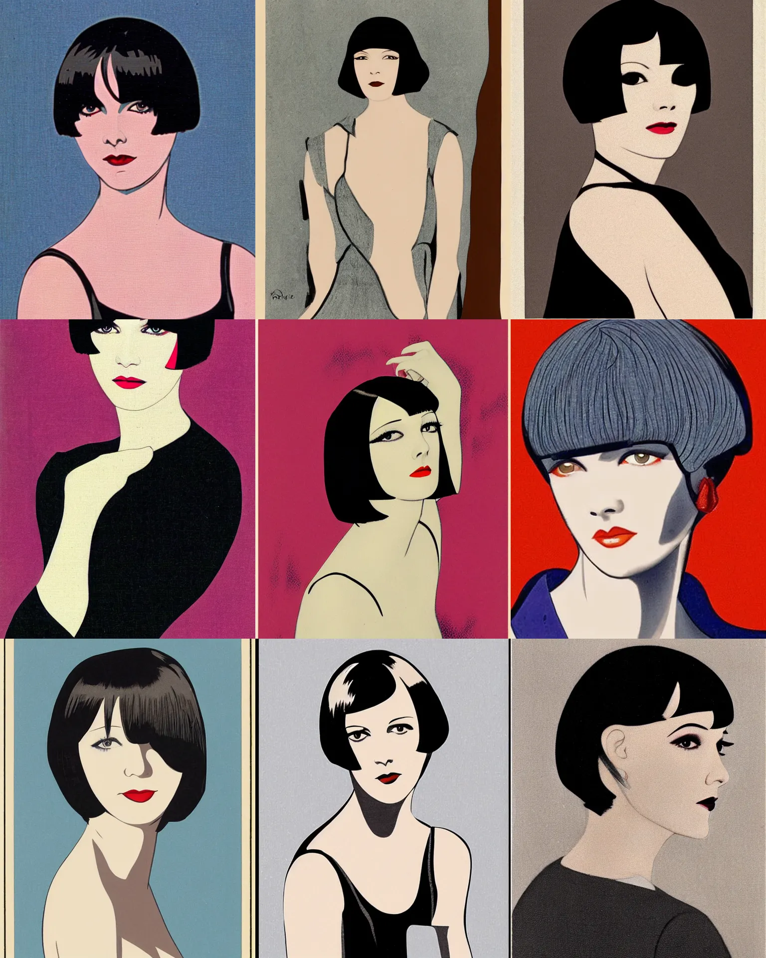 Prompt: Mary Louise Brooks 25 years old, bob haircut, portrait by Patrick Nagel, 1920s