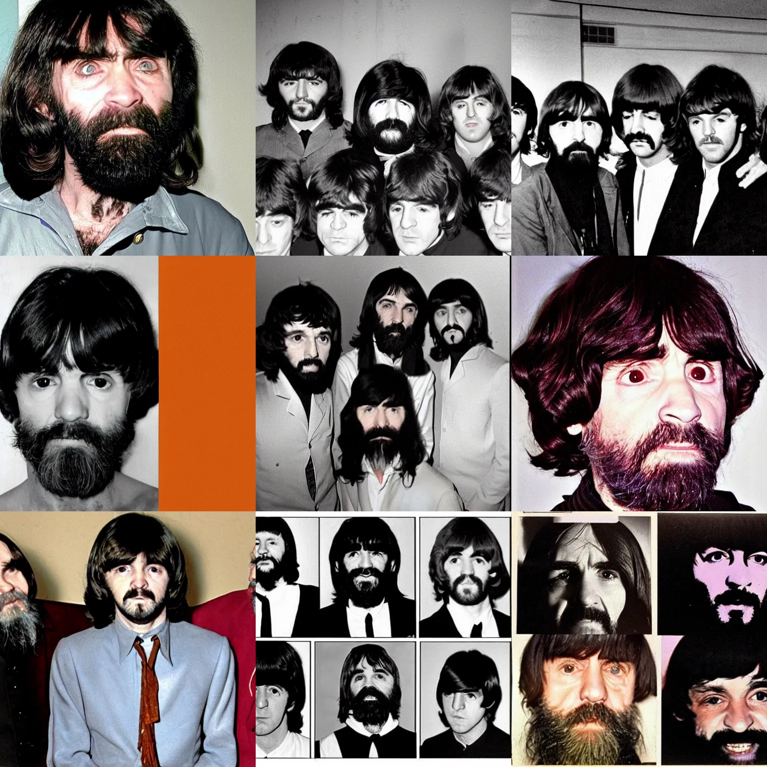Prompt: Charles Manson as the fifth member of The Beatles.