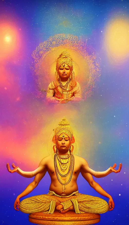 Prompt: indian master, meditation, gold light, blue mist, universe, floral dream, highly detailed, digital painting, refreshing, trending on artstation, octane render, hyper realistic,