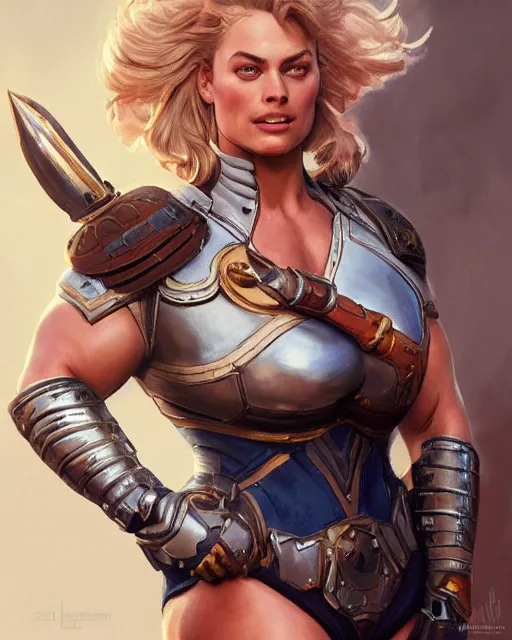 Prompt: full figure ultra realistic illustration, margot robbie as thick female bodybuilder knight zarya from overwatch smiling with closed eyes wearing thin armour, intricate, elegant, highly detailed, digital painting, artstation, concept art, smooth, sharp focus, illustration, art by artgerm and greg rutkowski and alphonse mucha