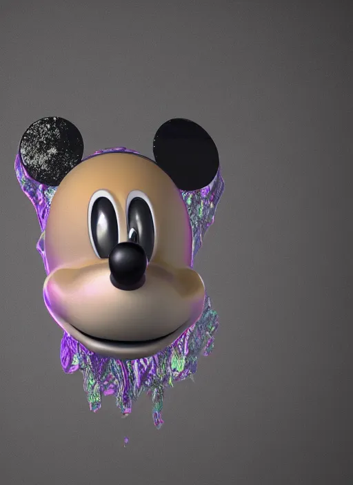 Image similar to mickey mouse head, fractal, broken, wet, mycelium, radiant alien, rococo, baroque, automotive, bio-mechanical, porcelain, iridescent sub surface scattering, octane render