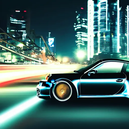 Image similar to photo of a porsche 9 1 1 at night in a city, cinematic, 4 k, long exposure photography, tokyo drift, fast and furious, film still, night photography, motion blur, lens flare, movie shot, light trail, distortion, wide angle, reflections