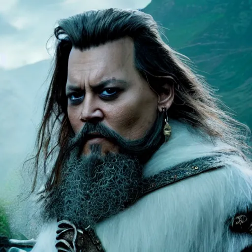 Prompt: stunning awe inspiring johnny depp as dwarf in a fantasy film, movie still 8 k hdr atmospheric lighting