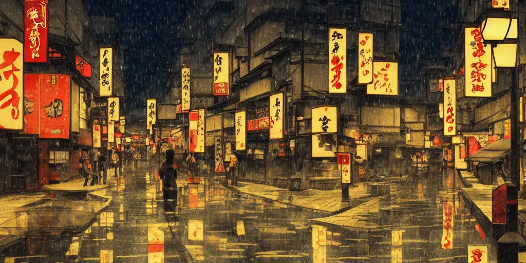 Image similar to feudal japan tokyo street at dusk, raining, detailed reflections, on a postcard, cinematic lighting!!, 4k, trending on artstation, detailed watercolour, rule of thirds, center focus, art by albert bierstadt