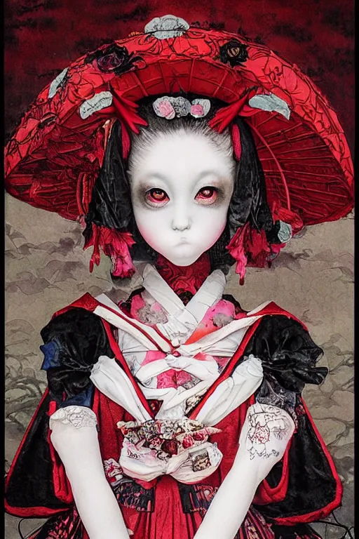 Image similar to watercolor painting of an avant - garde japanese bjd geisha vampire queen in a victorian lolita fashion red dress in the style of lovecraftian horror painted by yoshitaka amano, takato yamamoto, ayami kojima, dmt art, symmetrical vogue face portrait, intricate detail, artstation, cgsociety, artgerm, rococo