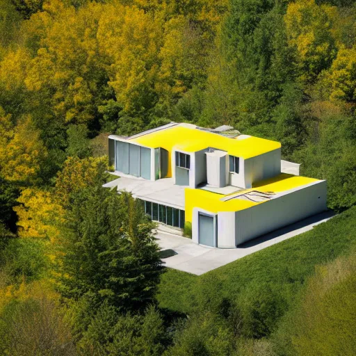 Prompt: architecture ad for a mid-century modern house in Gaspé, designed by Zaha Hadid. Aerial view. Film grain, cinematic, colorized, yellow hue.