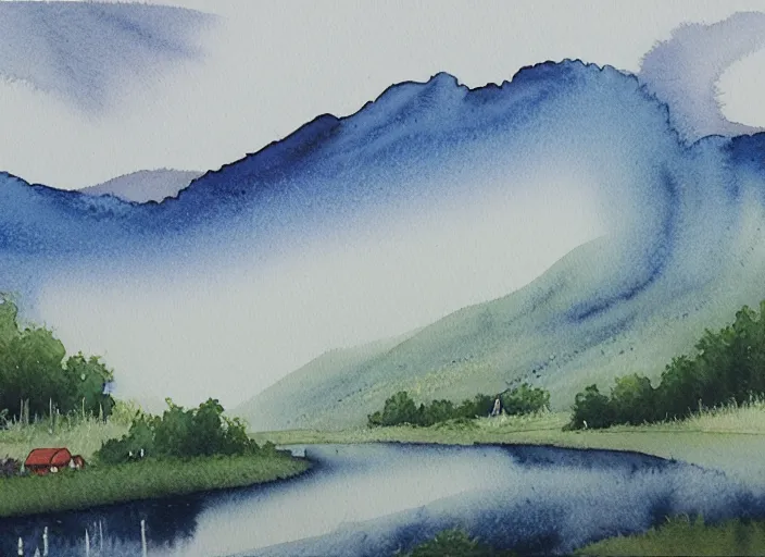 Image similar to A detailed watercolor painting of misty morning landscape, detailed, ballpoint pen ink combined with watercolor