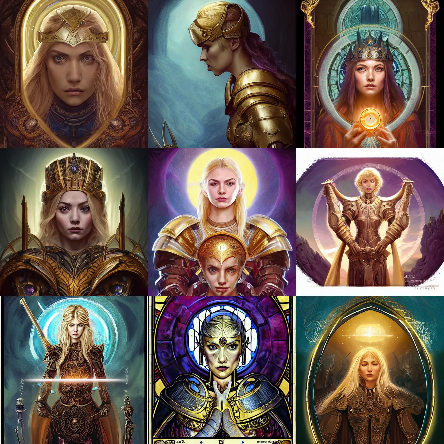 Prompt: masterpiece head-on symmetrical centered portrait, Imogen Poots and Elisha Cuthbert as a Gloomhaven paladin, Elden Ring, blonde hair, prismatic golden halo around her head, wearing plate armour, elegant, distant, stained glass tarot style, in the style of Edgar Maxence and Ross Tran and Zdzisław Beksiński and Michael Whelan and Mucha and Gustave Doré, specular highlights, 8k, octane render