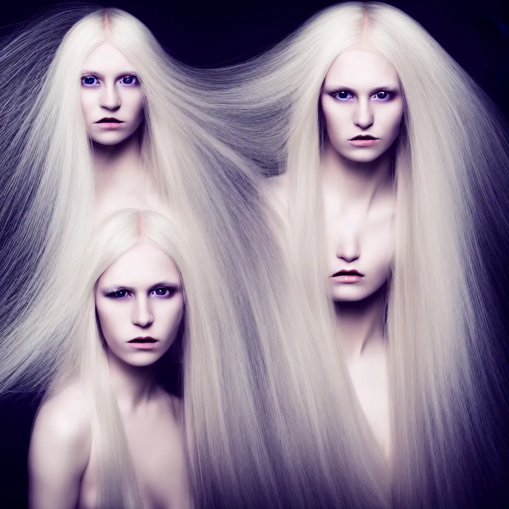 Prompt: portrait of a single woman with long blond hair dressed in long white, fine art photography light painting in style of Paolo Roversi, professional studio lighting, dark background, hyper realistic photography, fashion magazine style