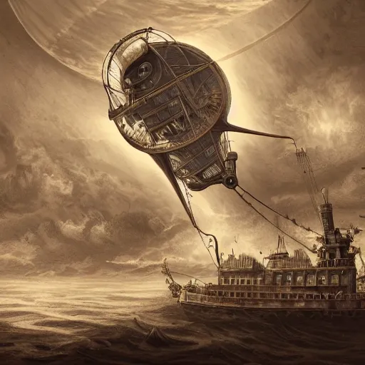 Image similar to A steampunk airship floating in front of a gas giant, by Kevin J. Anderson and Paul Witcover and William F. Wu and James Blish and Cory Doctorow and Neal Stephenson and Jules Verne and Mary Shelley, sharp focus, elegant, highly detailed, intricate, steampunk, beautiful, trending artstation, pixiv, digital art, golden ratio, very detailed