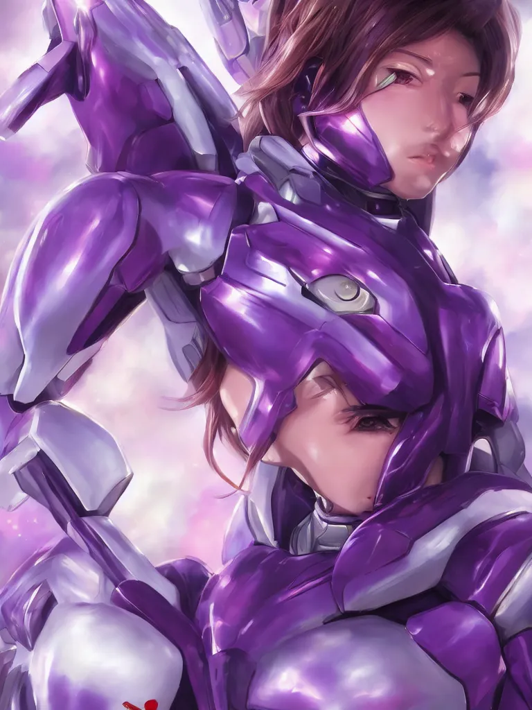 Image similar to A realistic anime portrait of a woman in a Gundam suit with glowing purple, digital painting, by Stanley Artgerm Lau, Sakimichan, WLOP and Rossdraws, digtial painting, trending on ArtStation, SFW version