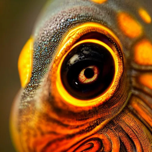 Image similar to fiery whimsical emotional eyes cephalopod, in a photorealistic macro photograph with shallow dof, in the deepest seas of the unconscious psyche