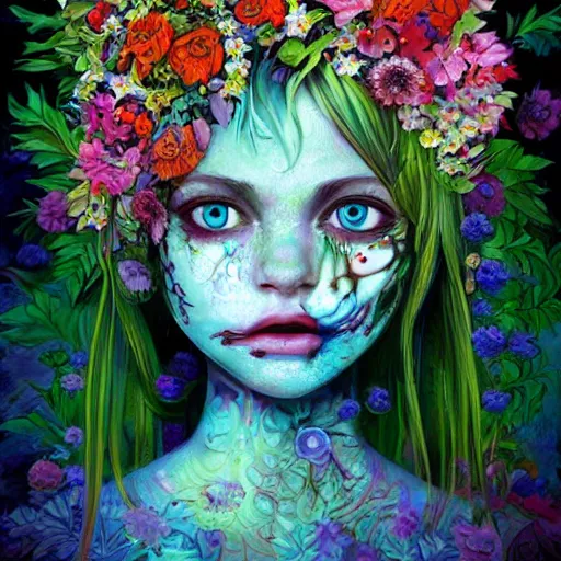 Prompt: a painting of a beatiful young zombie girl with big blue eyes with a lot of flowers and plants on its head, poster art by android jones, behance contest winner, generativ line art, glowing, shallow depth of field, 5 0 mm, full body!! symmetry